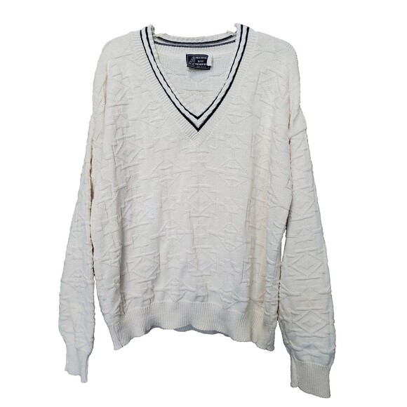 Peconic Bay Traders Cotton Off-White V-Neck 3D-Knit Sweater Size XL Vintage - Picture 1 of 7
